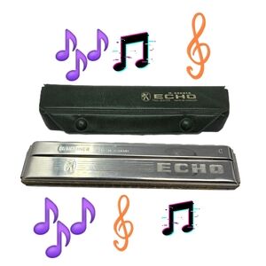 Vintage Hohner Echo Harmonica Silver Metal Body Original Green Carry Case Music